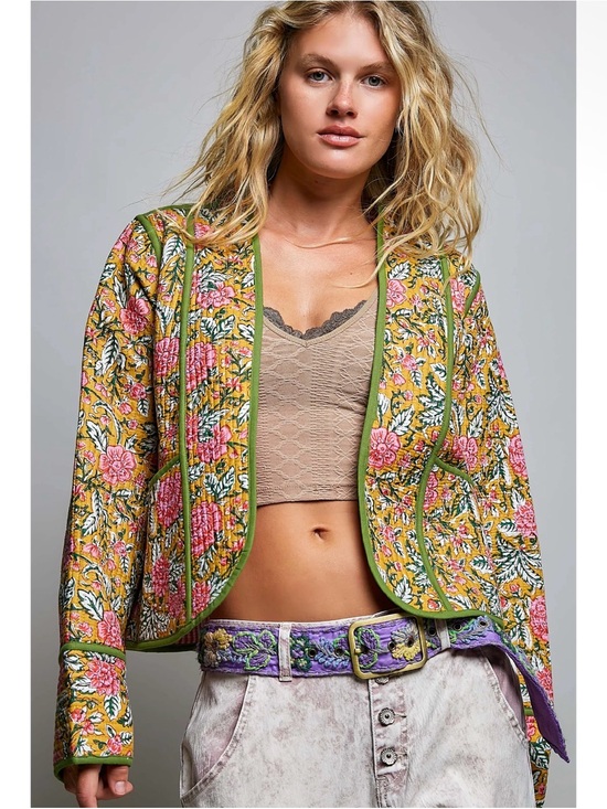 POL Jackets & Blazers - POL yellow floral cotton kantha quilted boho western embroidered jacket coat